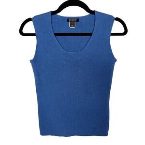 St John Small S Blue Ribbed Scoop Neck Wide Strap Shell Tank Top Wool Blend